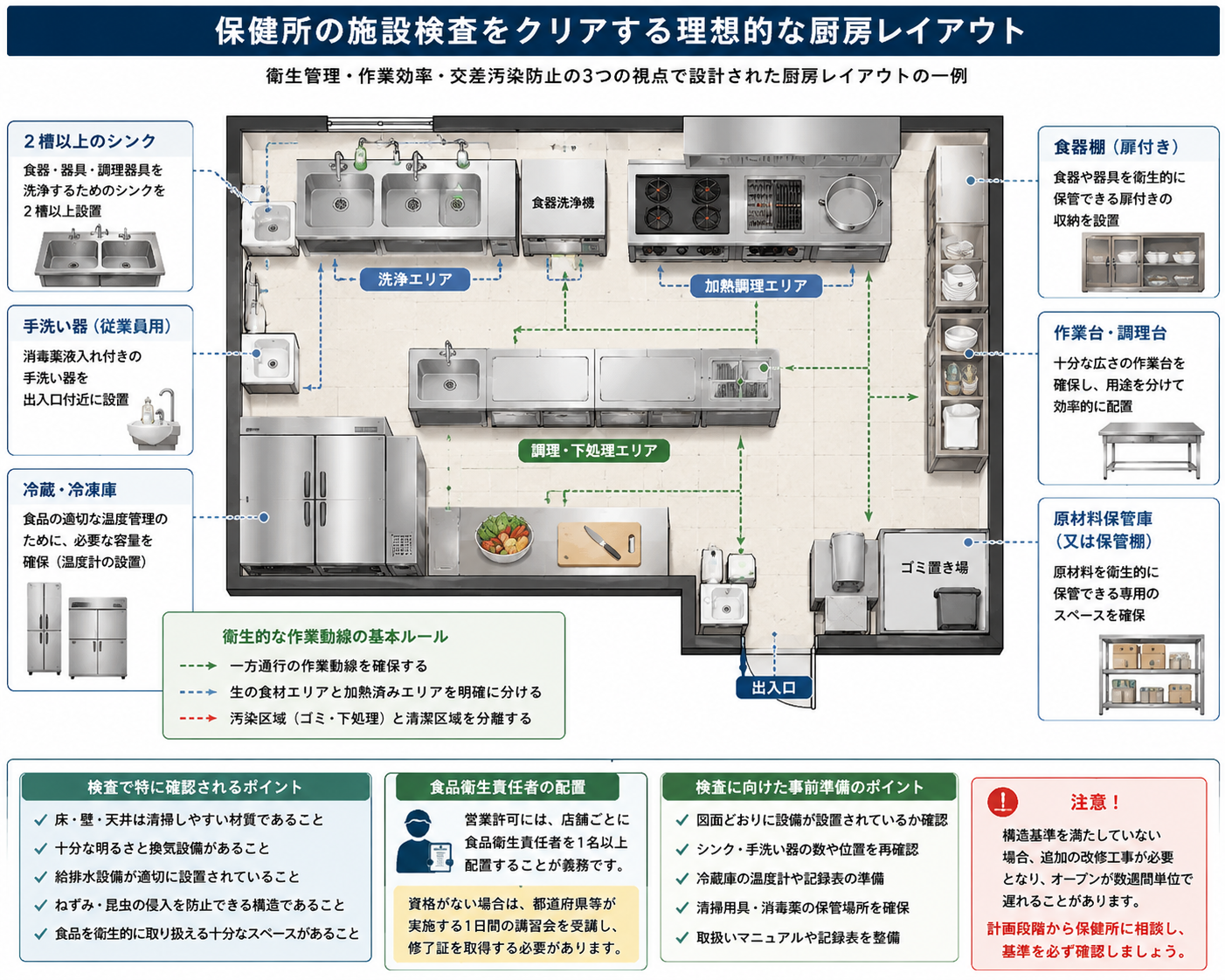 図：保健所の施設検査をクリアする理想的な厨房レイアウト